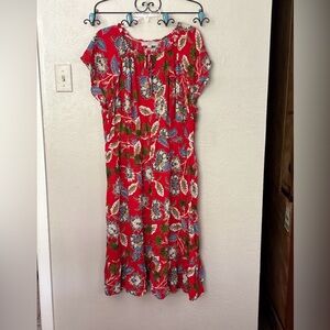 LOFT Plus Hawaiian Midi Red Floral Dress Size 20 with Blue and Yellow Accents